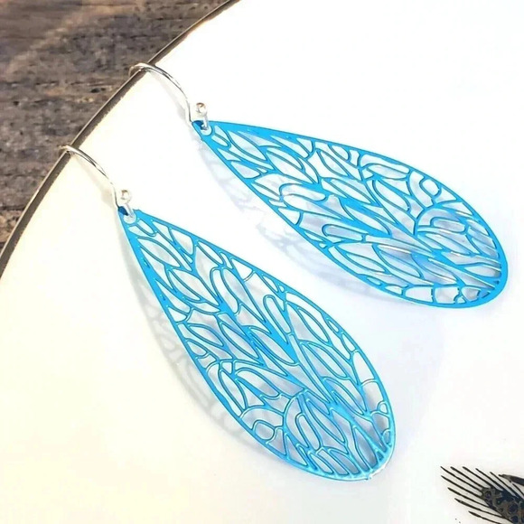 Art Nouveau Lacy Turquoise Blue Filigree Slim Teardrop Enamel Pendant Earrings - Picture 1 of 10